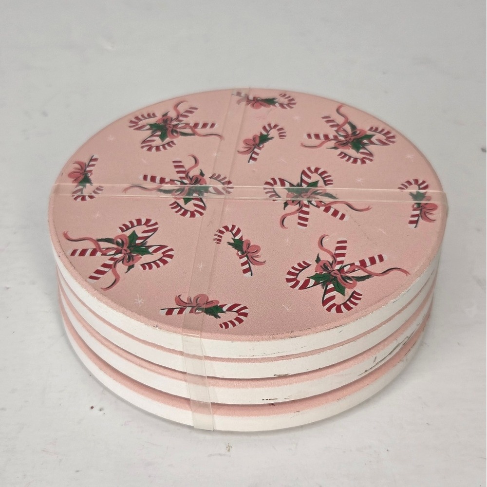 Pink Peppermint Candy Cane Ribbon Ceramic Christmas Coasters Set - Picture 2 of 7